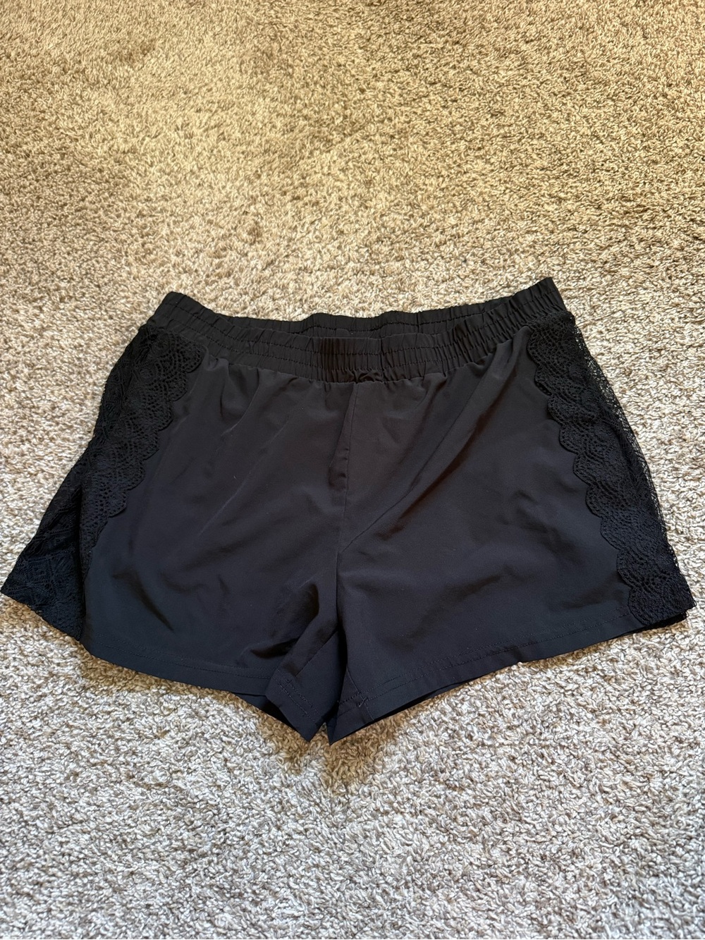 Fabletics Black Lace-Trim Elastic Waist Women’s Athletic Shorts